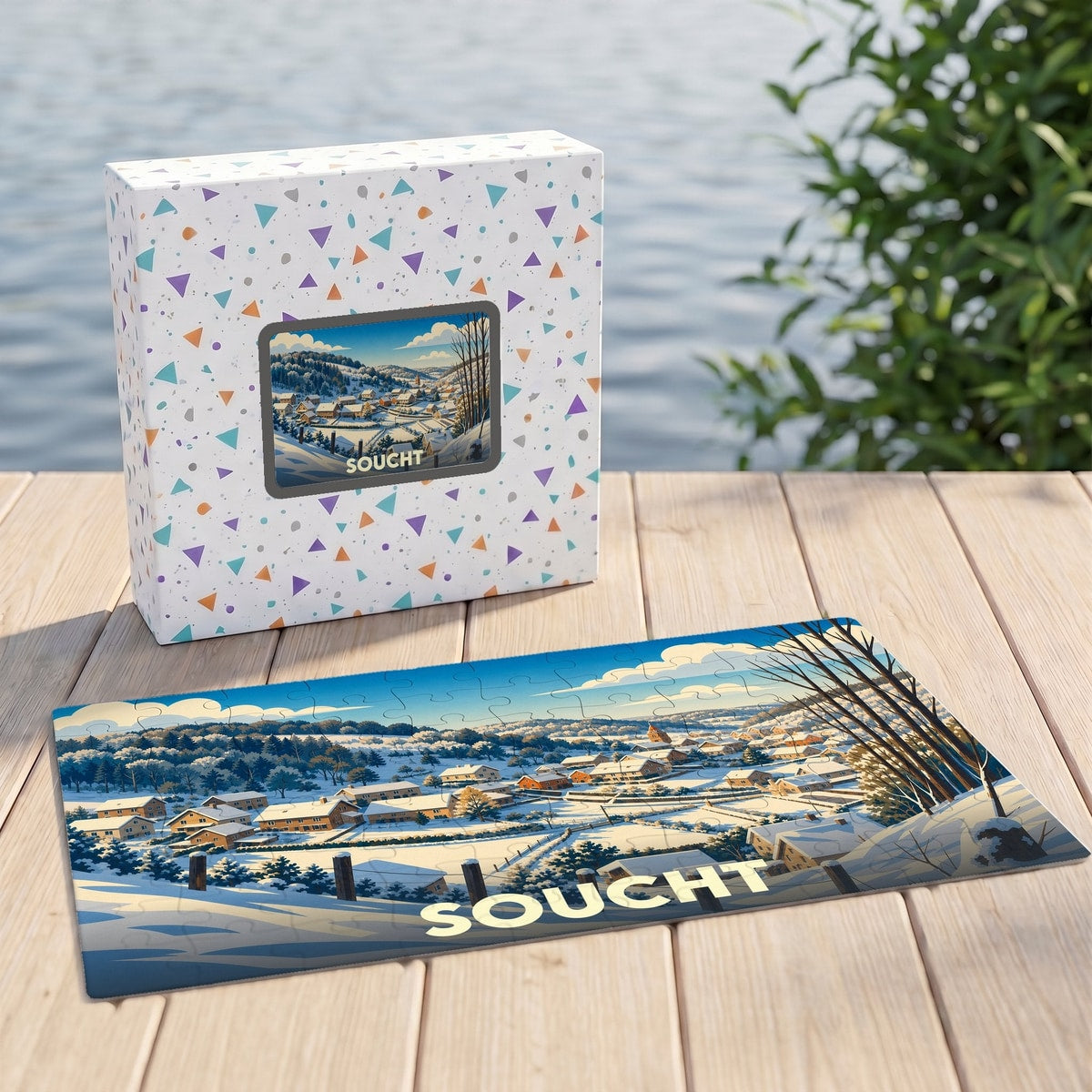 Puzzle souvenir de la ville de Soucht avec une illustration hivernale stylisée.