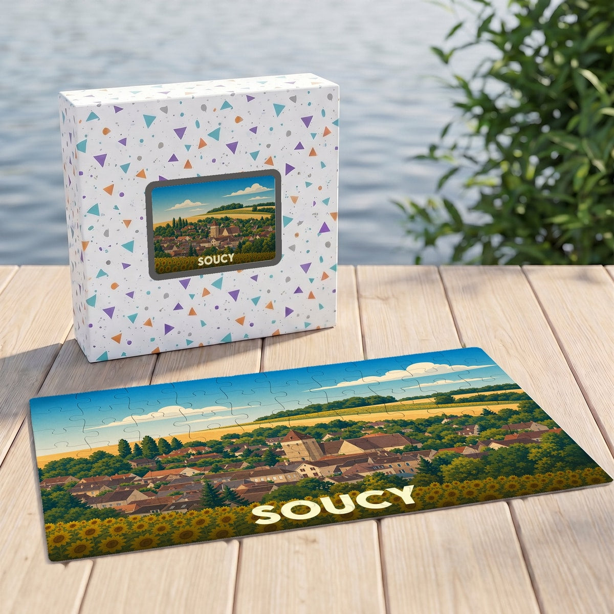 Puzzle souvenir de la ville de Soucy illustré d'un paysage champêtre.
