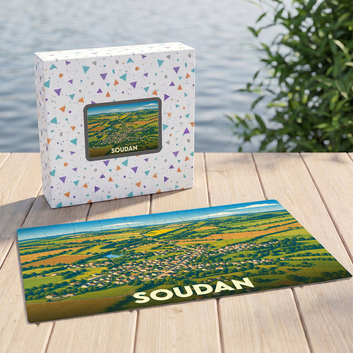 Puzzle souvenir de la ville de Soudan représentant un paysage rural illustré avec sa boîte assortie.