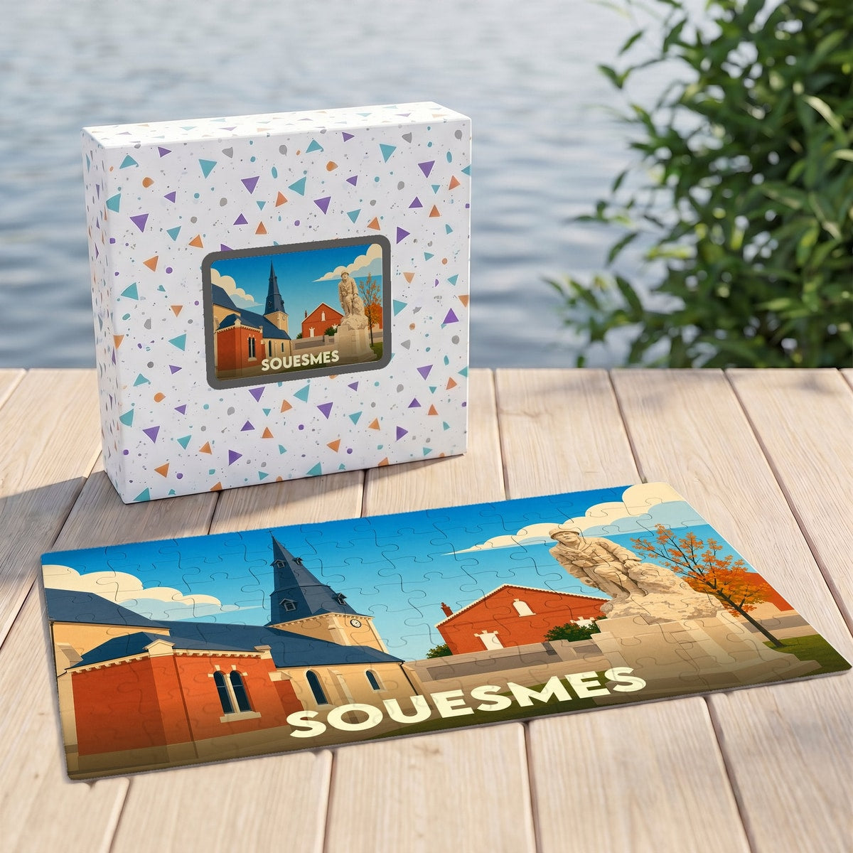 Puzzle souvenir de la ville de Souesmes avec une illustration stylisée.