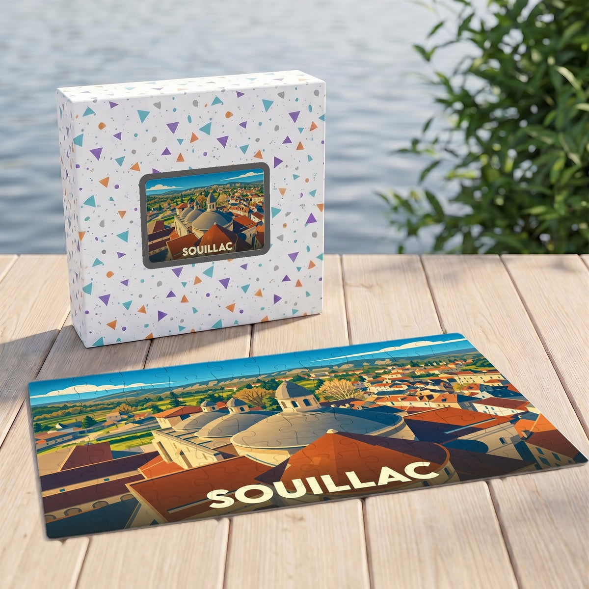 Puzzle souvenir de la ville de Souillac avec une illustration stylisée et colorée de son architecture.