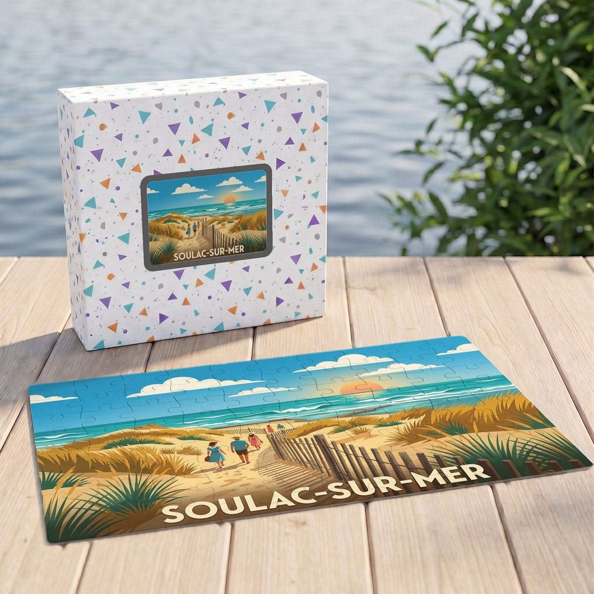 Puzzle souvenir de la ville de Soulac-sur-Mer illustrant une plage sauvage au coucher du soleil.