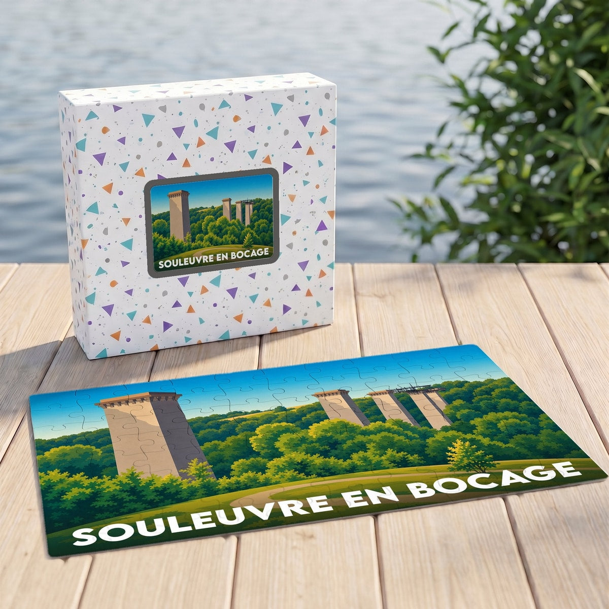 Puzzle souvenir de la ville de Souleuvre en Bocage avec une illustration stylisée de son viaduc.