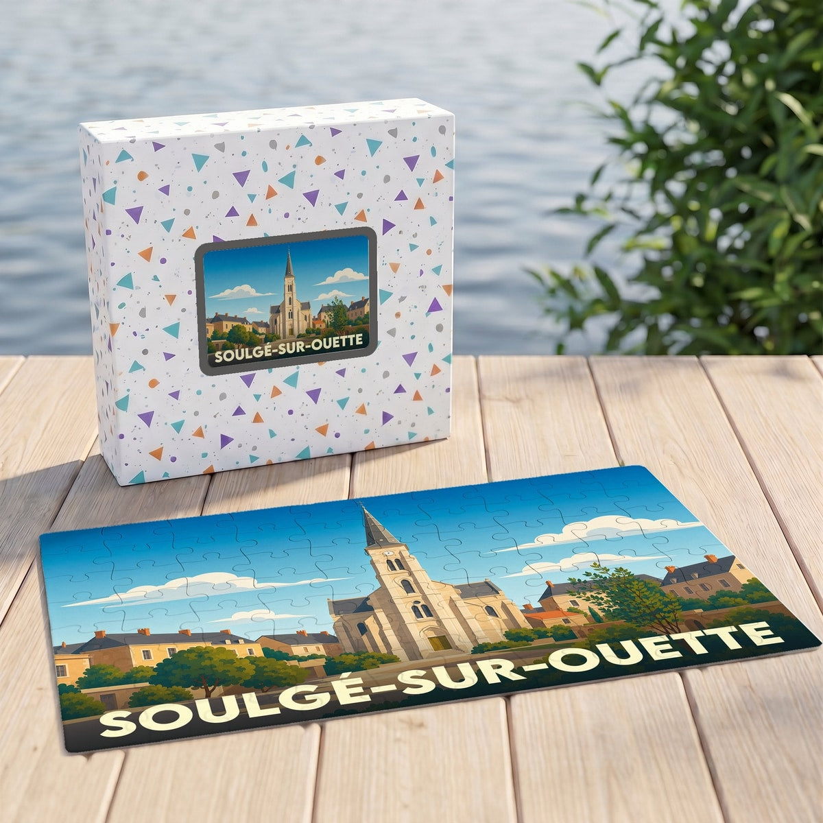 Puzzle souvenir de la ville de Soulgé-sur-Ouette avec une illustration stylisée de son église.