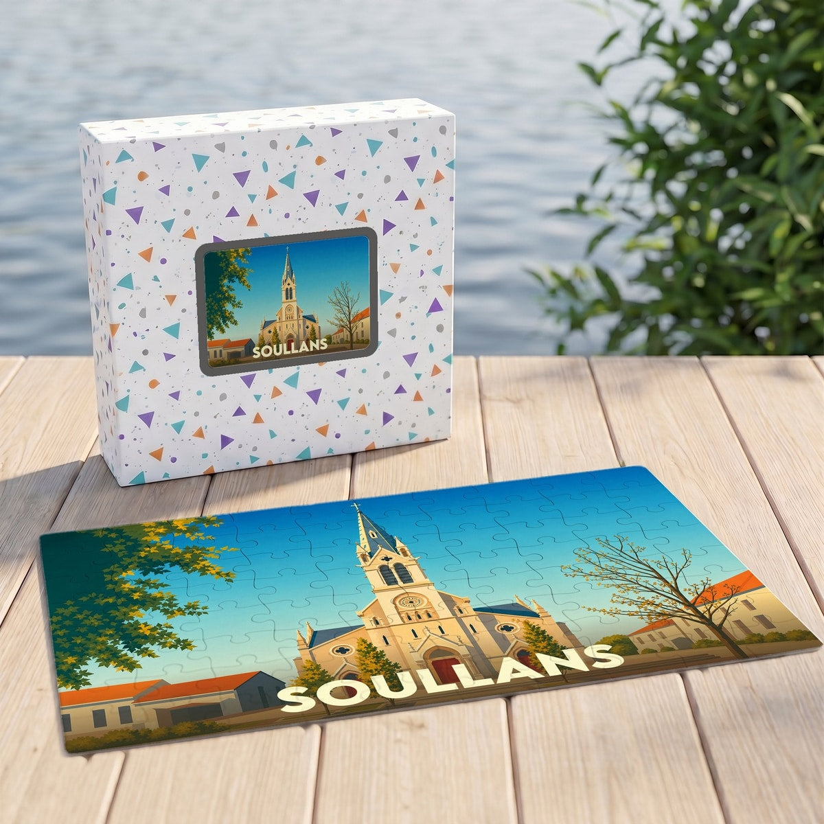 Puzzle souvenir de la ville de Soullans avec une illustration stylisée de son église.