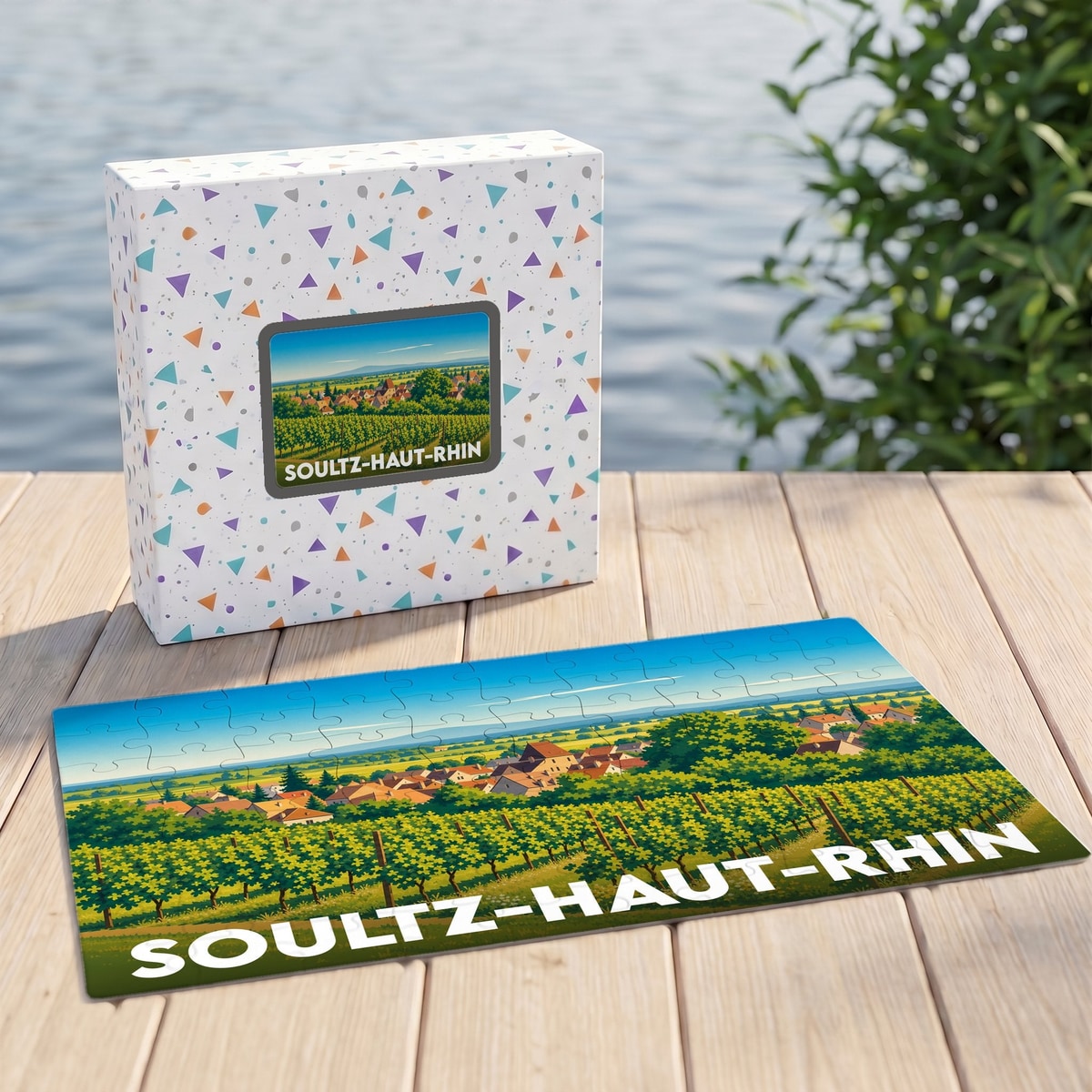 Puzzle souvenir de la ville de Soultz-Haut-Rhin illustrant un paysage de vignobles et de village.