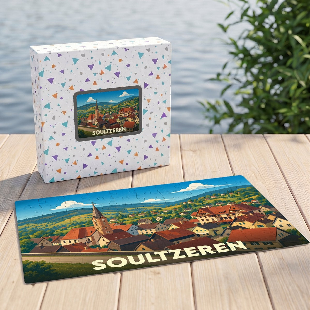 Puzzle souvenir de la ville de Soultzeren présentant une illustration stylisée d'un village alsacien.
