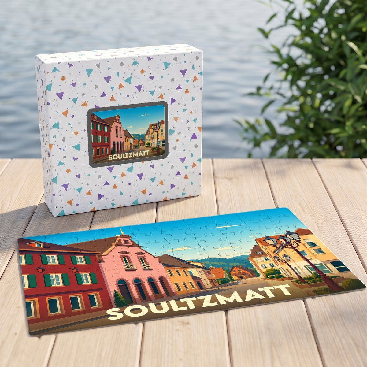 Puzzle souvenir de la ville de Soultzmatt avec une illustration colorée et stylisée de ses bâtiments typiques.