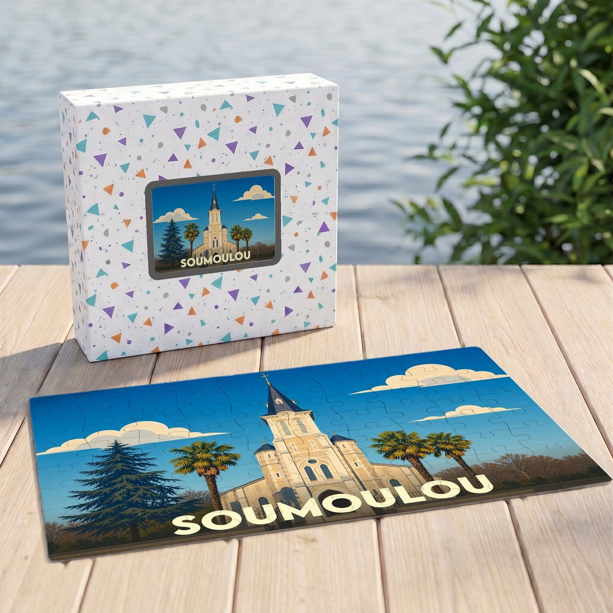 Puzzle souvenir de la ville de Soumoulou avec une illustration stylisée de son église et de palmiers.