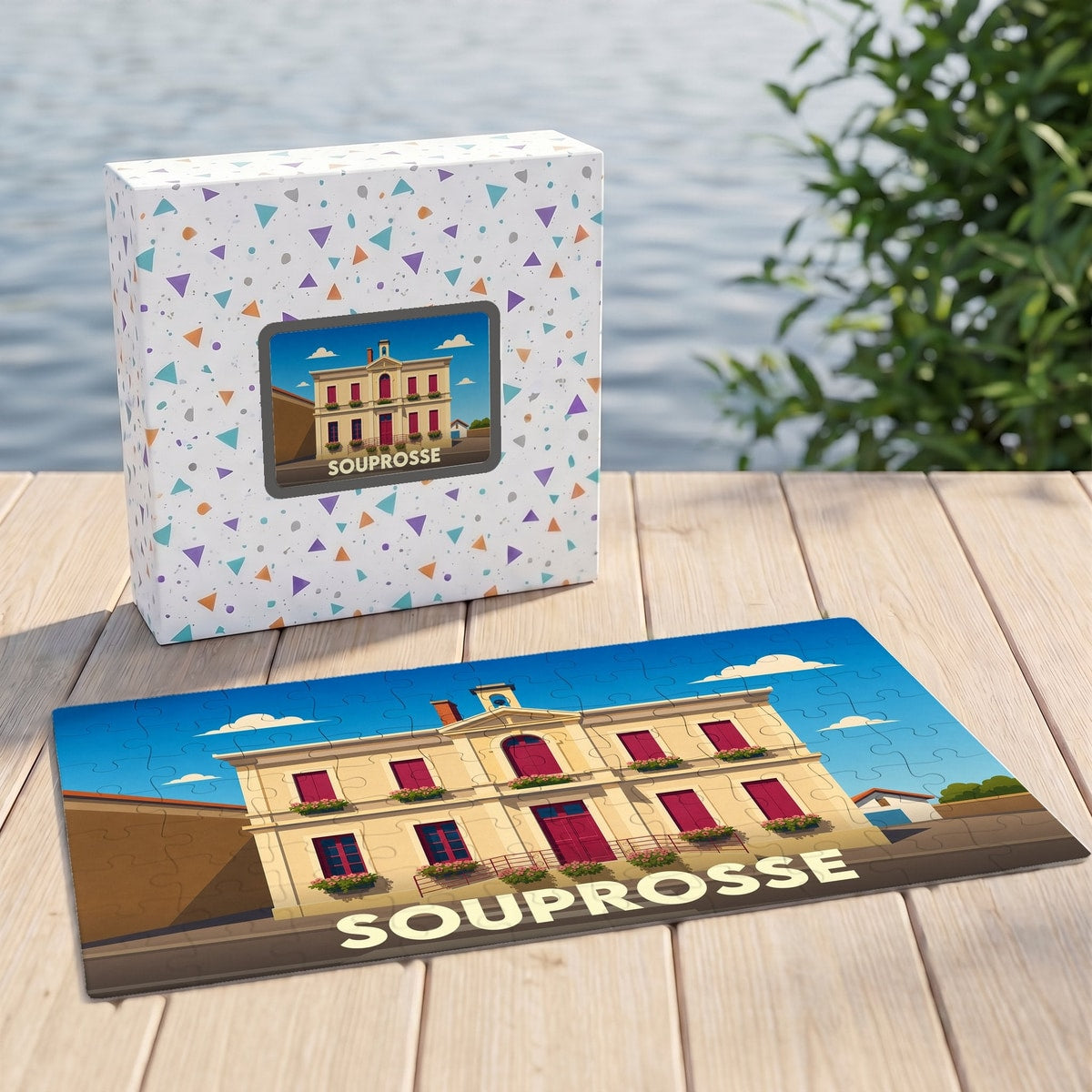 Puzzle souvenir de la ville de Souprosse avec une illustration stylisée de sa mairie.