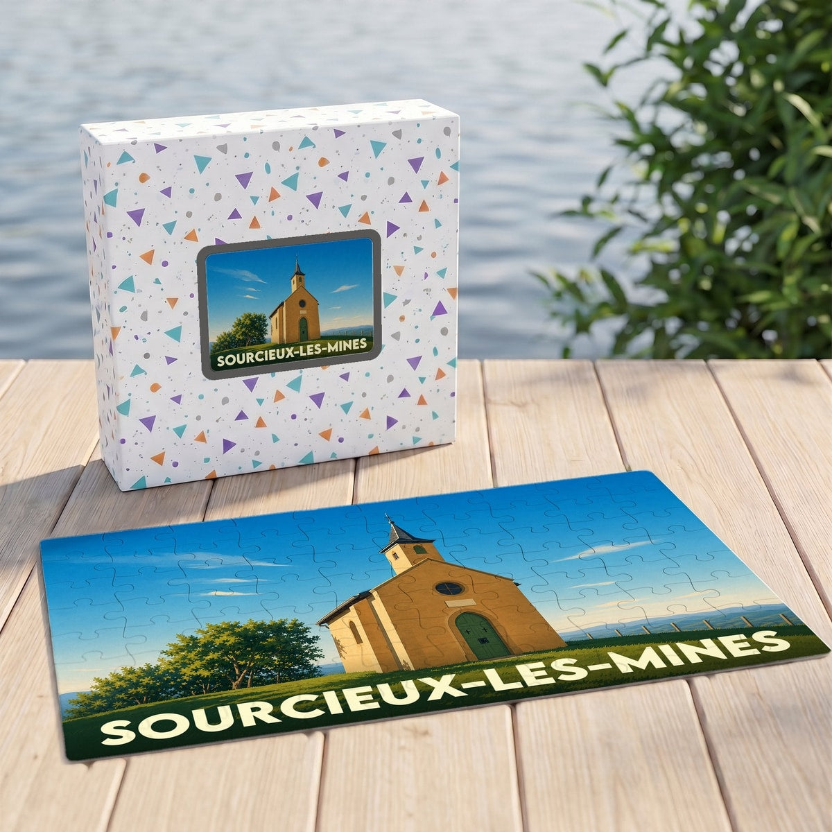 Puzzle souvenir de la ville de Sourcieux-les-Mines représentant une chapelle sous un ciel bleu.