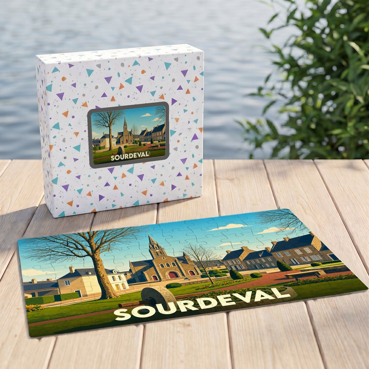 Puzzle souvenir de la ville de Sourdeval avec une illustration colorée de son église et de son centre-bourg.