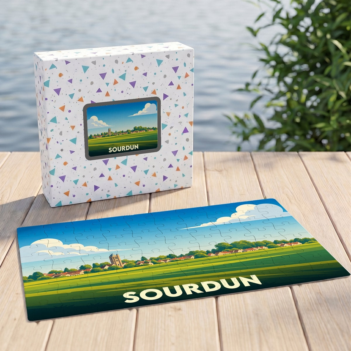 Puzzle souvenir de la ville de Sourdun avec une illustration stylisée d'un paysage rural.