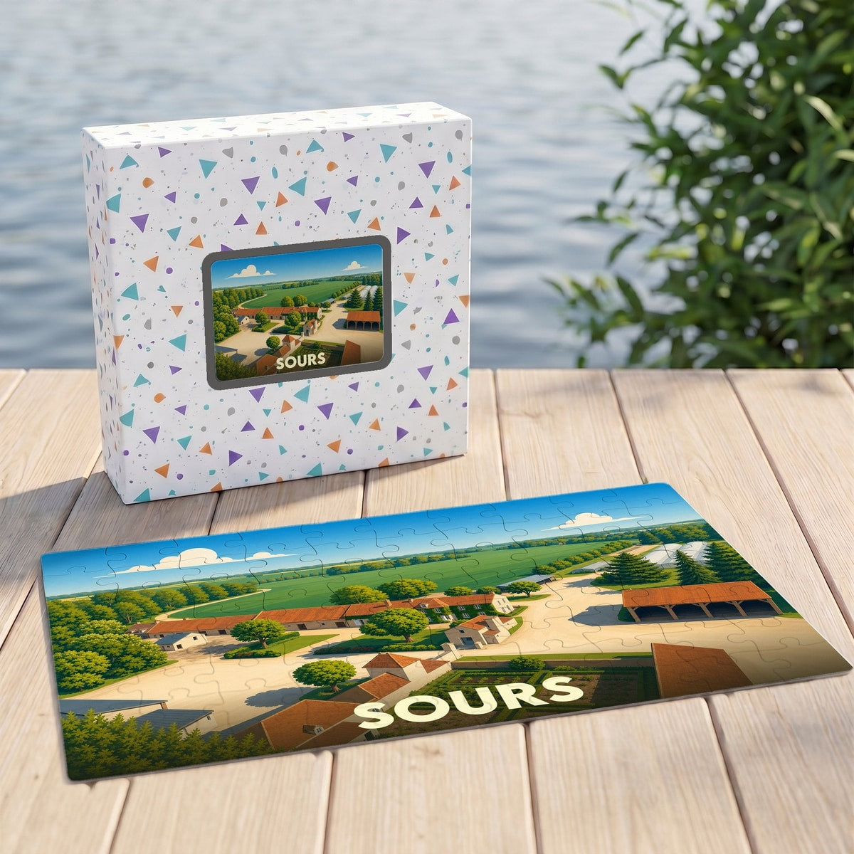 Puzzle souvenir de la ville de Sours avec une illustration stylisée d'un paysage rural.