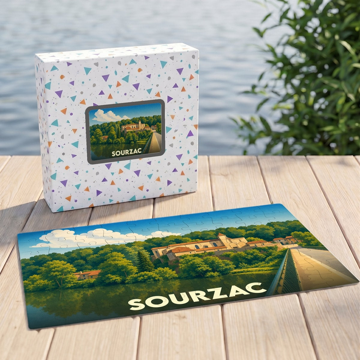 Puzzle souvenir de la ville de Sourzac avec une illustration stylisée de son église et de son pont.