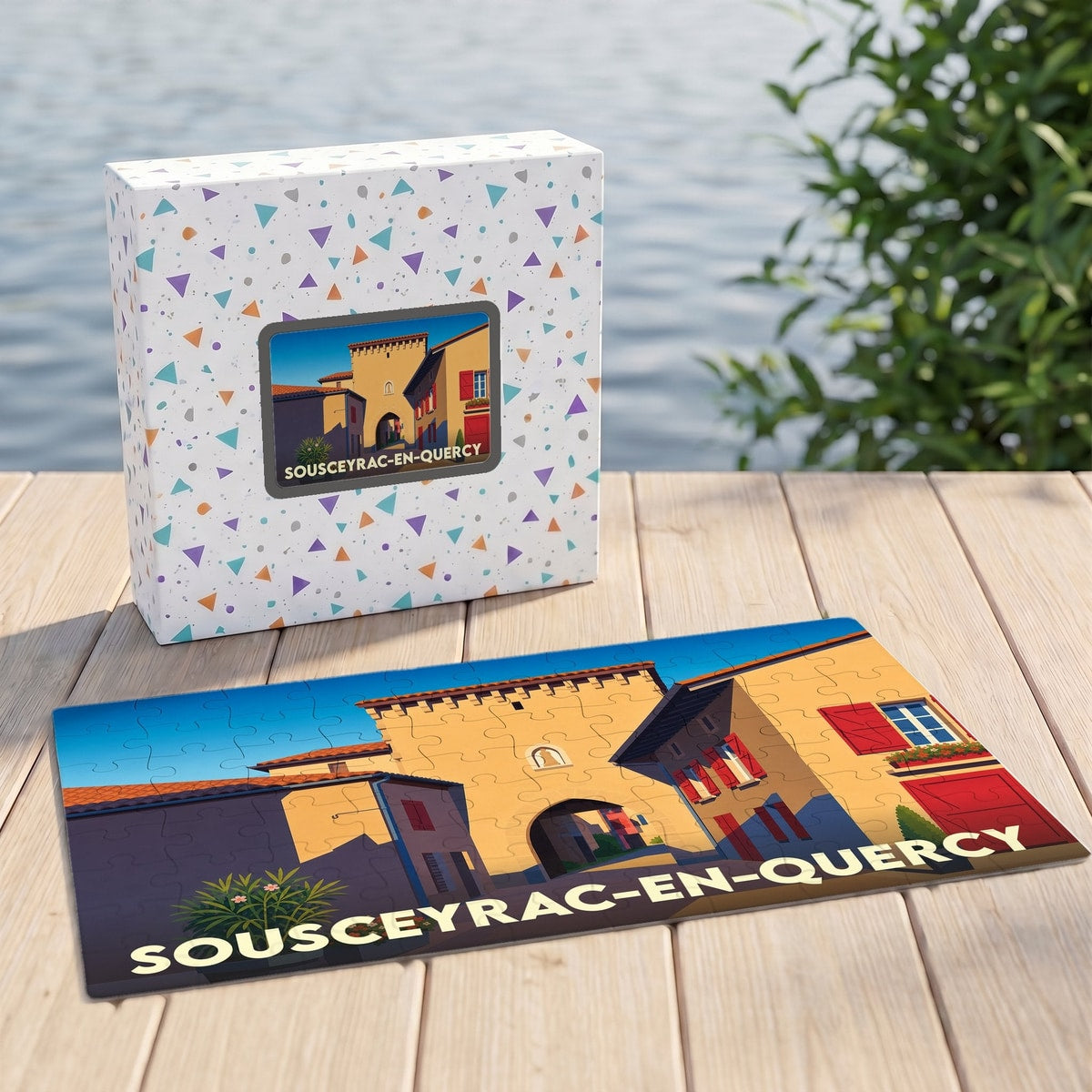 Puzzle souvenir de la ville de Sousceyrac-en-Quercy avec une illustration stylisée de son architecture.