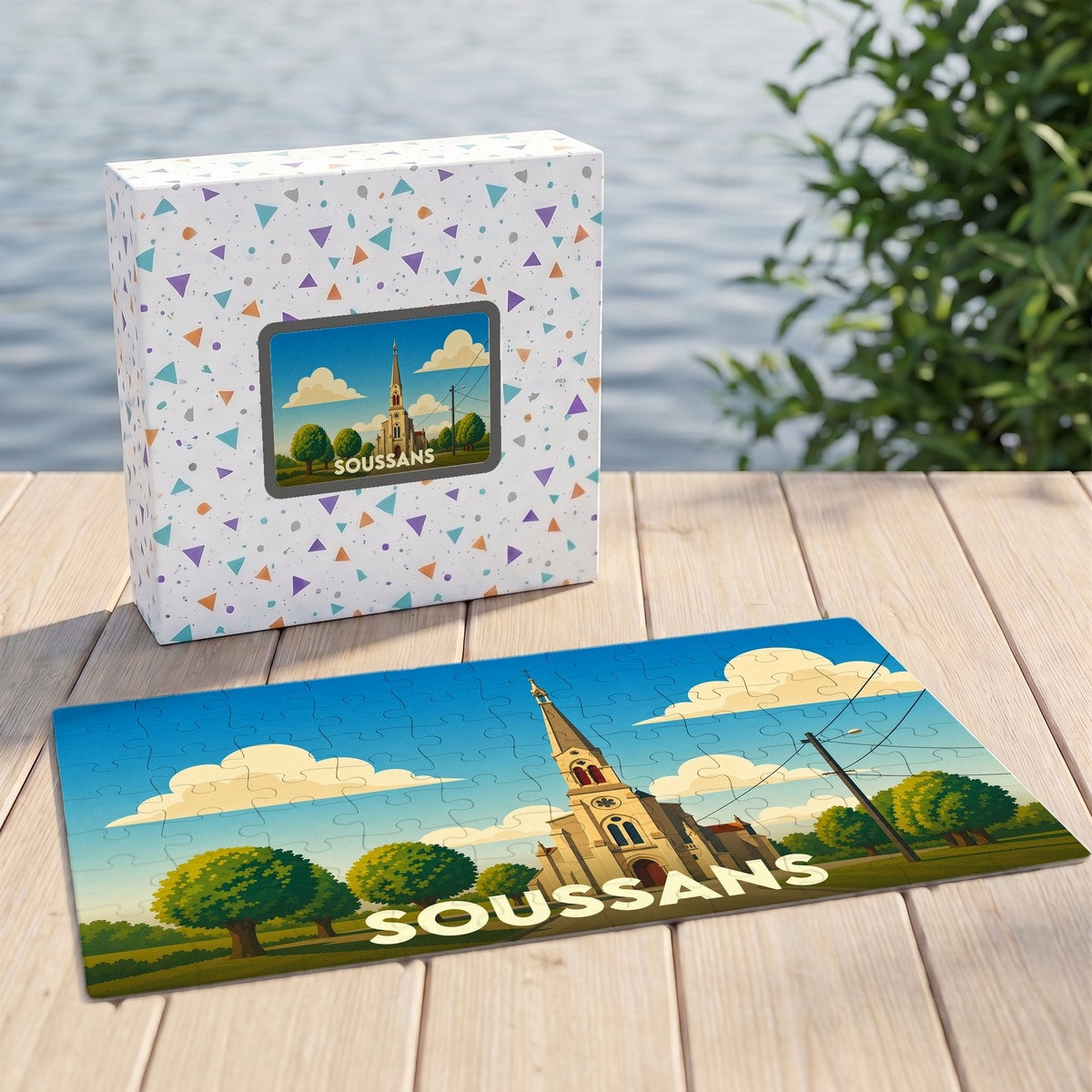 Puzzle souvenir de la ville de Soussans représentant son église dans un style illustré.