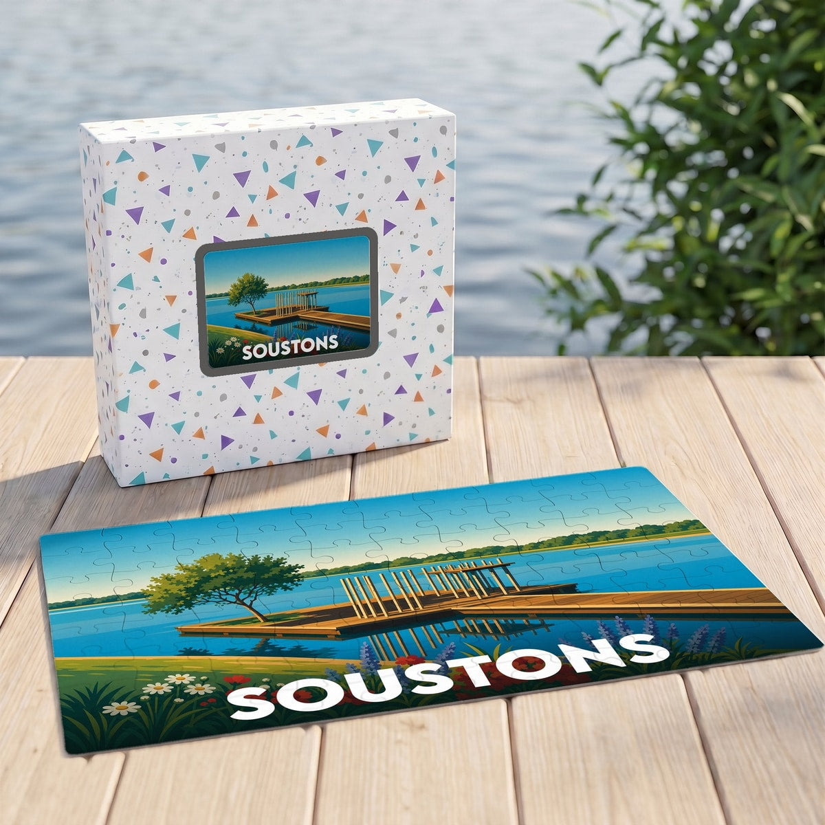 Puzzle souvenir de la ville de Soustons illustrant un ponton sur le lac au coucher du soleil.