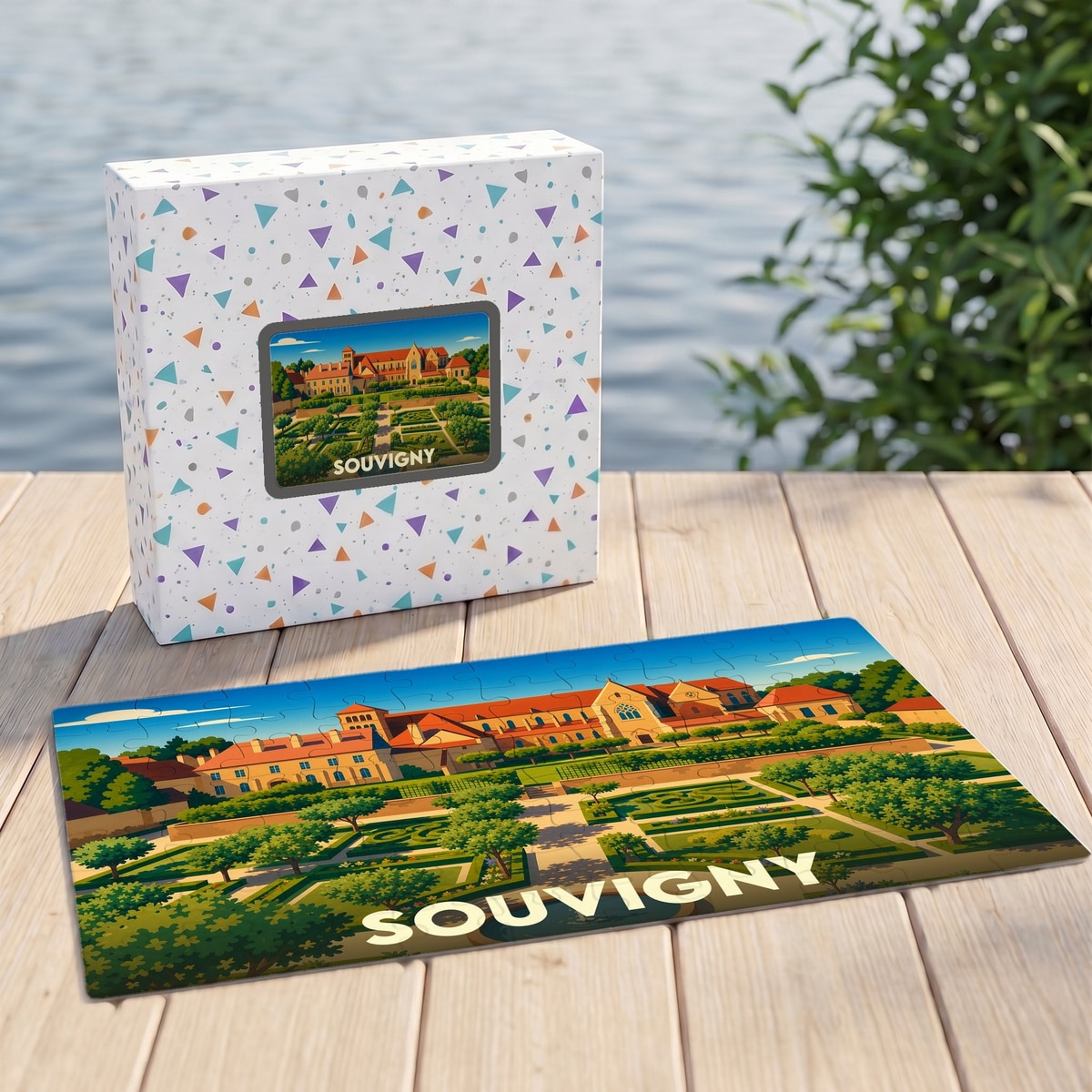 Puzzle souvenir de la ville de Souvigny avec une illustration stylisée d'un domaine historique et de ses jardins.