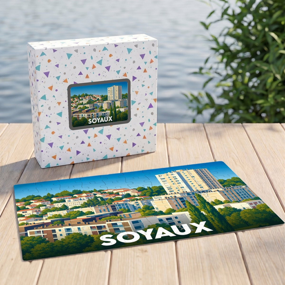 Puzzle souvenir de la ville de Soyaux avec une illustration panoramique stylisée.