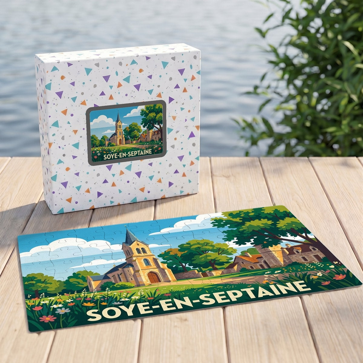 Puzzle souvenir de la ville de Soye-en-Septaine avec une illustration stylisée.