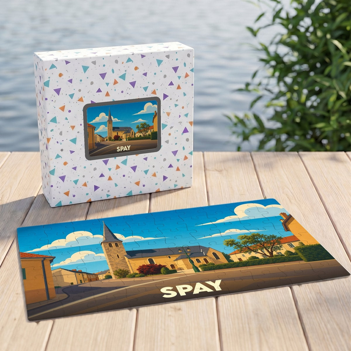 Puzzle souvenir de la ville de Spay avec une illustration stylisée de son église et de ses rues.