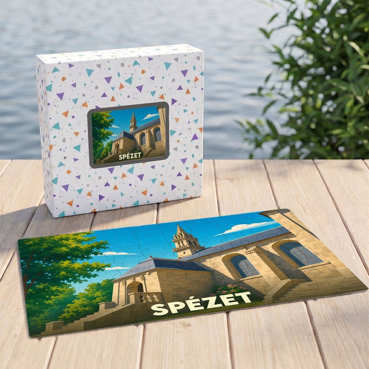 Puzzle souvenir de la ville de Spézet illustré d'une église sous un ciel bleu.