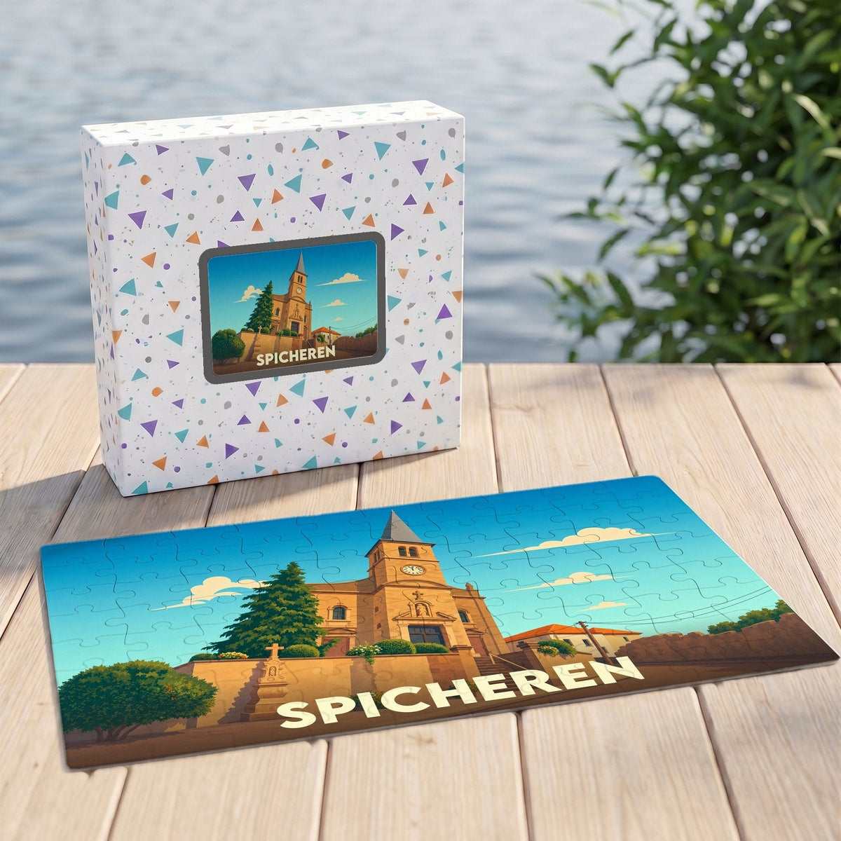 Puzzle souvenir de la ville de Spicheren avec une illustration stylisée d'une église sous un ciel bleu.