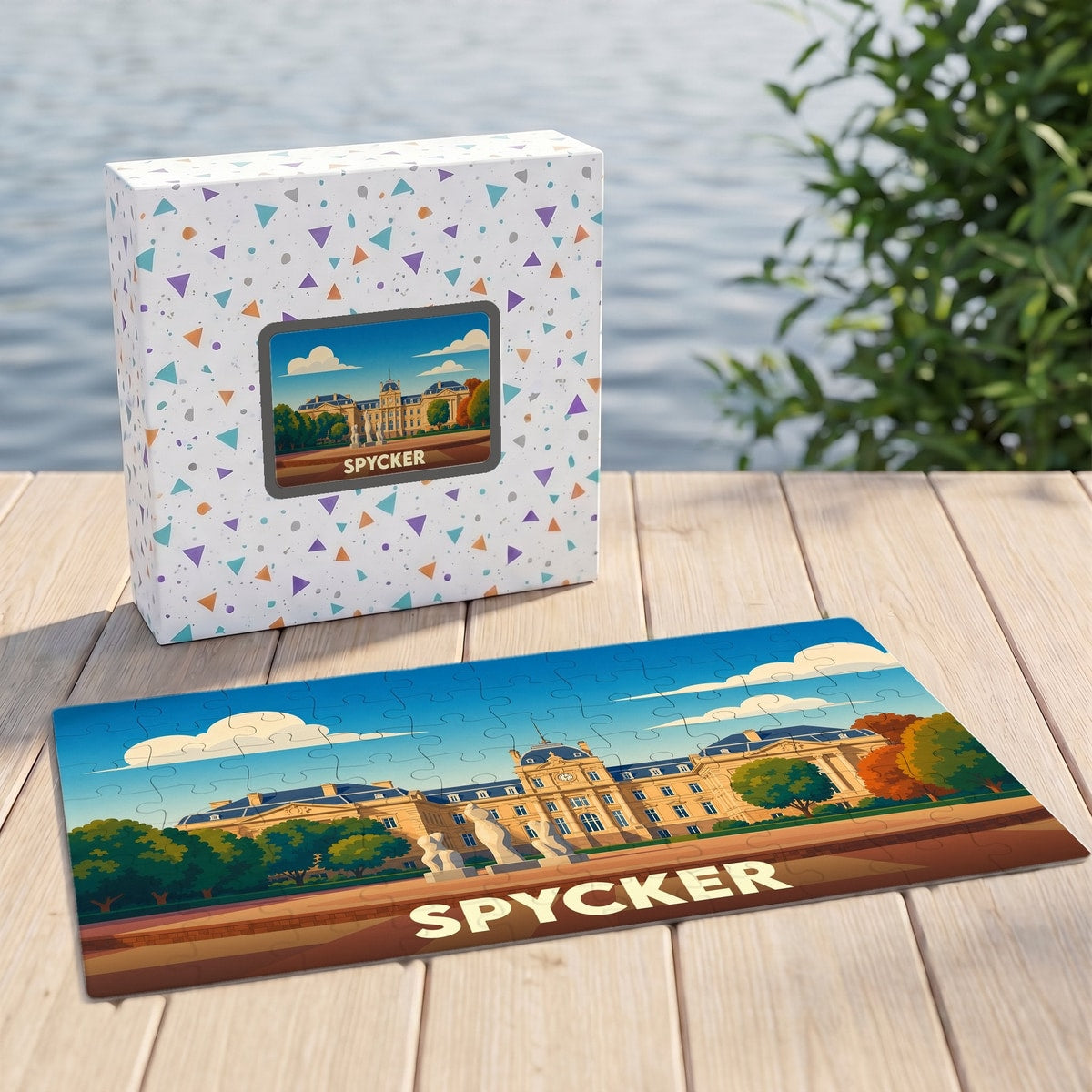 Puzzle souvenir de la ville de Spycker avec une illustration stylisée d'un bâtiment historique.