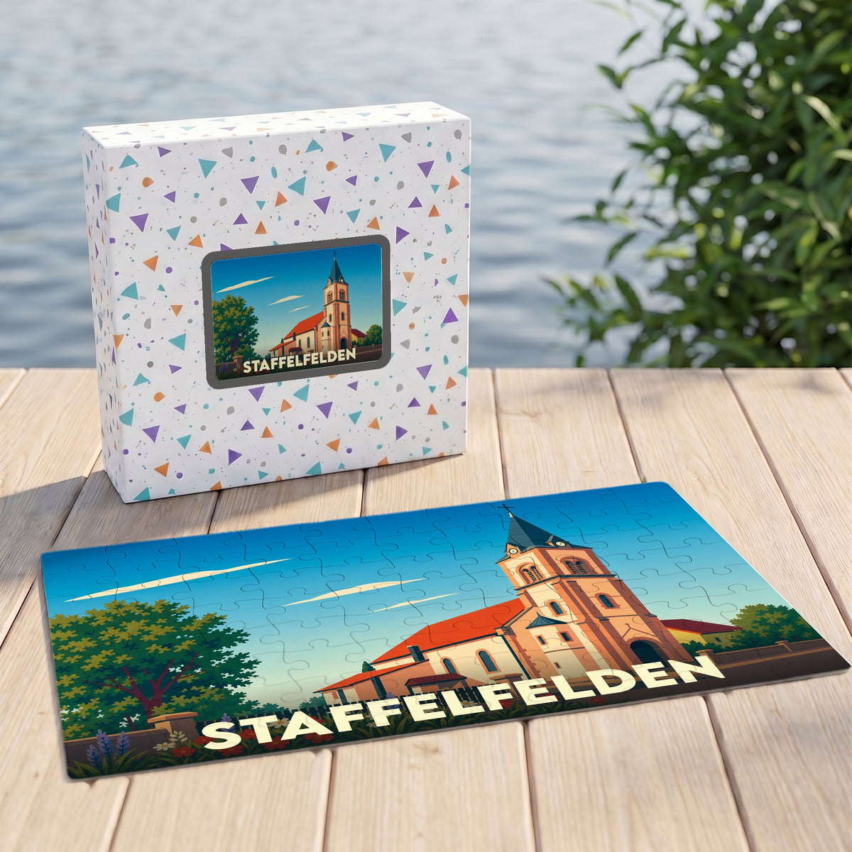 Puzzle souvenir de la ville de Staffelfelden avec une illustration stylisée de son église.