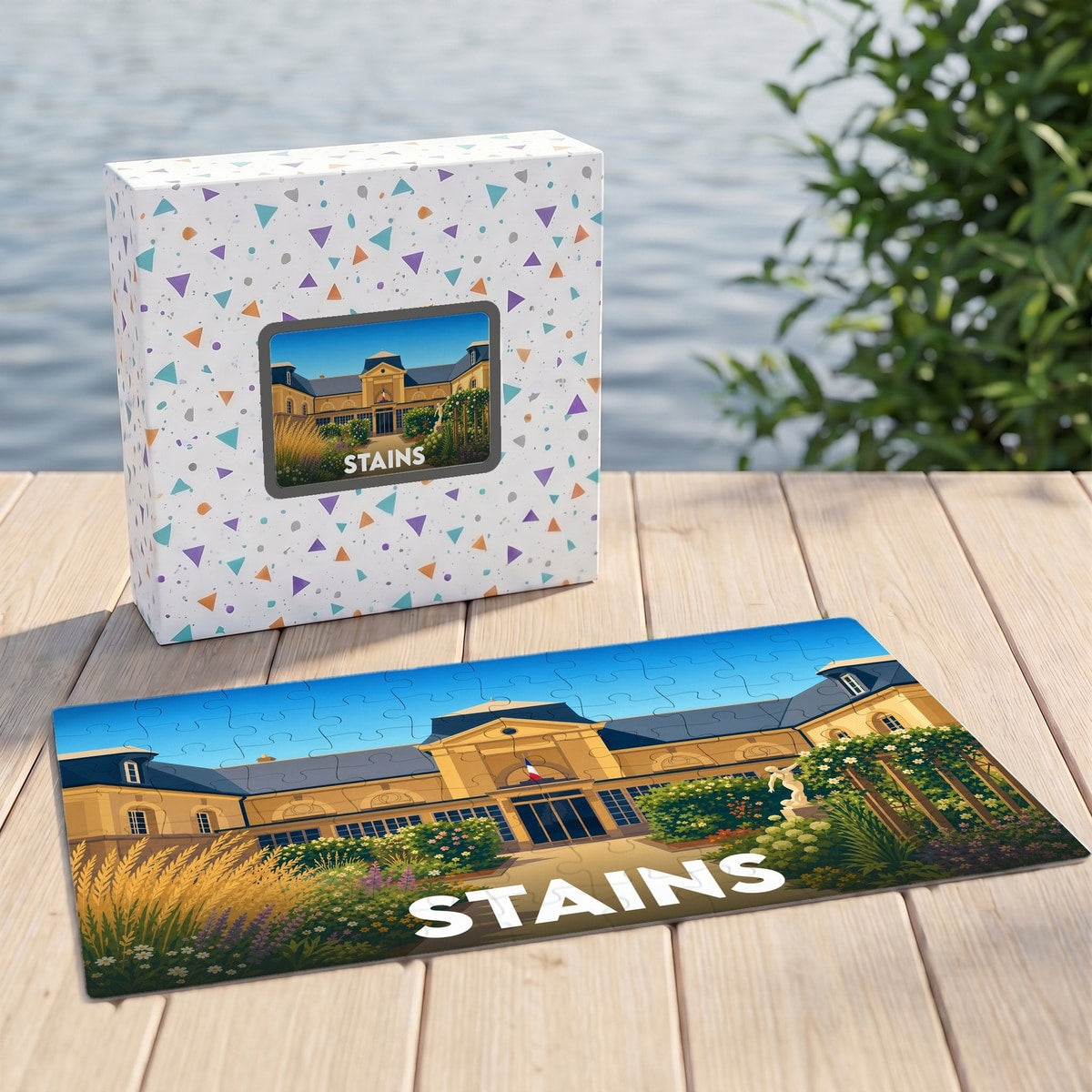 Puzzle souvenir de la ville de Stains avec une illustration stylisée de son patrimoine.
