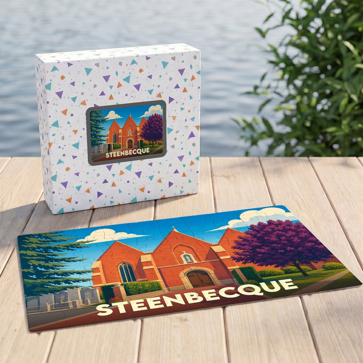 Puzzle souvenir de la ville de Steenbecque illustrant son église dans un style graphique coloré.