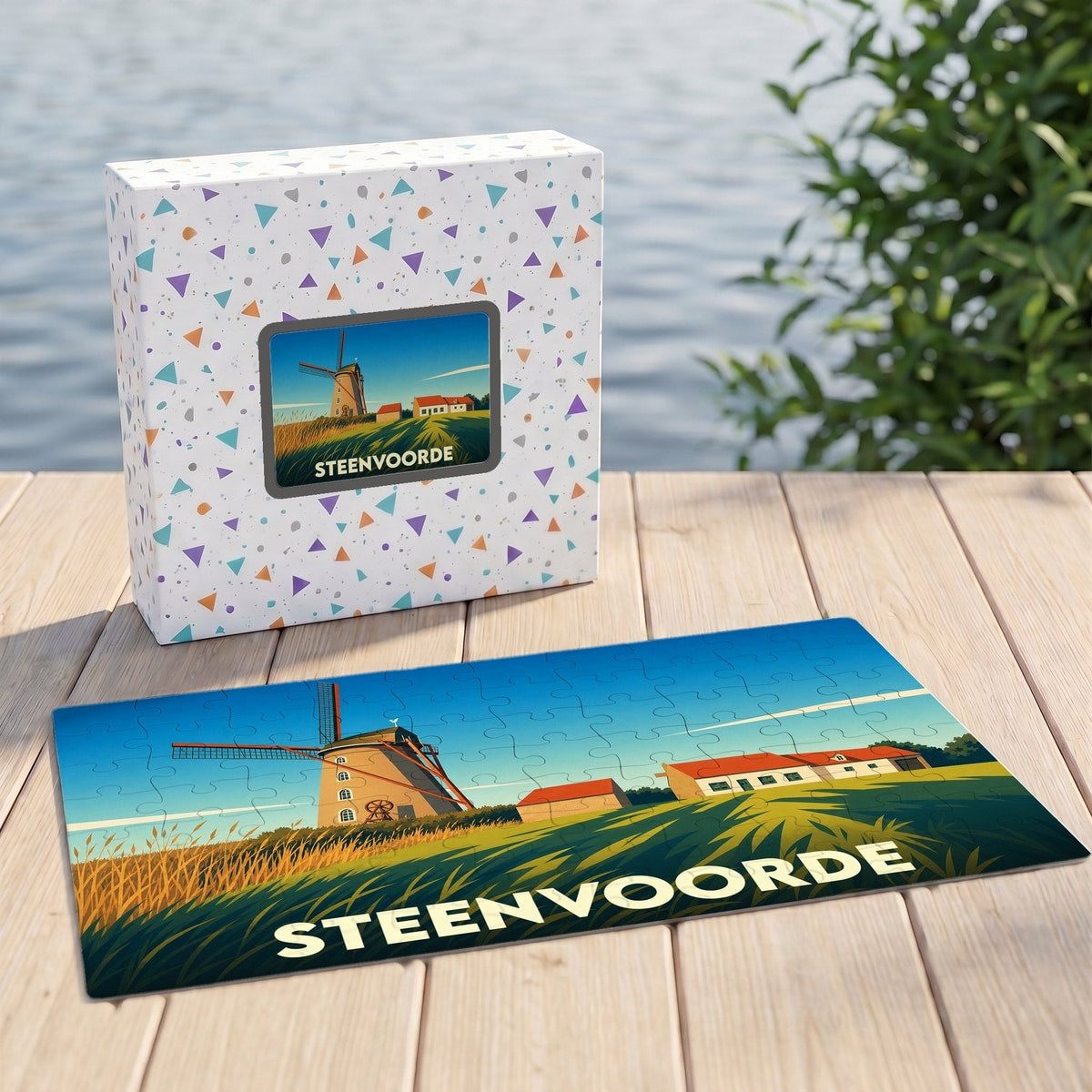 Puzzle souvenir de la ville de Steenvoorde illustré d'un moulin flamand et d'un paysage champêtre stylisé.