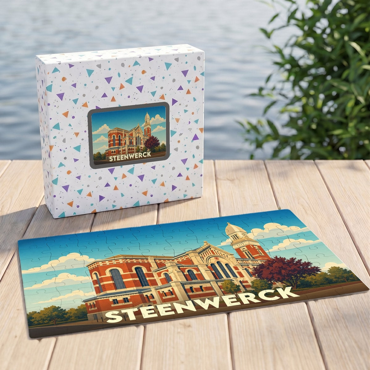 Puzzle souvenir de la ville de Steenwerck avec une illustration stylisée de son église.