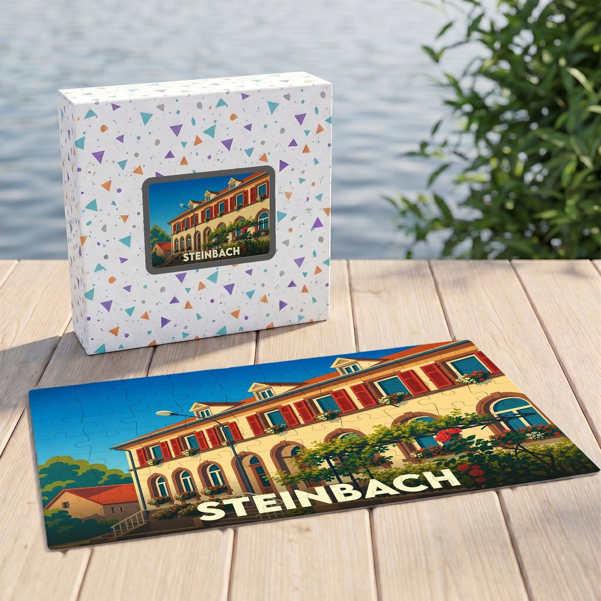 Puzzle souvenir de la ville de Steinbach avec une illustration stylisée d'un bâtiment coloré.