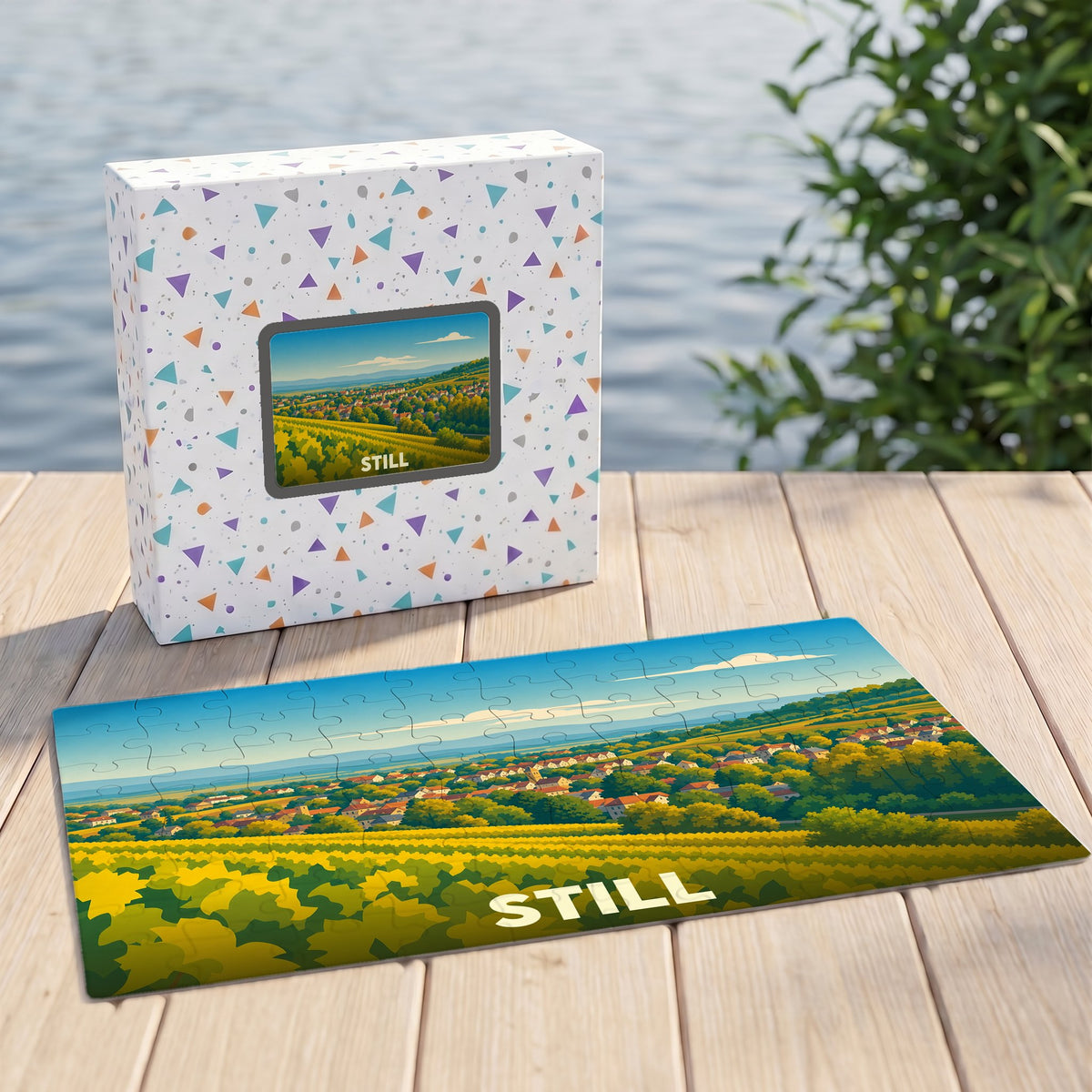 Puzzle souvenir de la ville de Still avec une illustration panoramique stylisée d'un paysage vallonné.