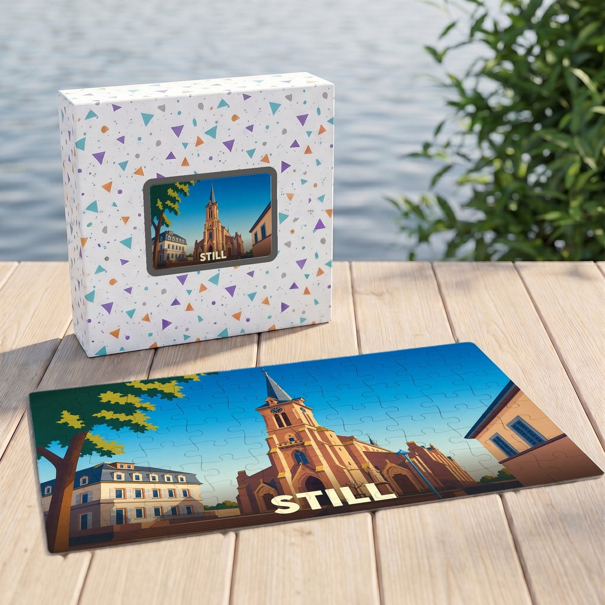 Puzzle souvenir de la ville de Still avec une illustration stylisée de son église.