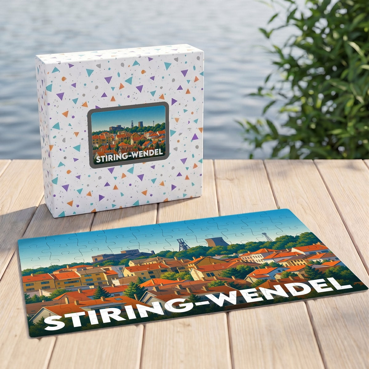 Puzzle souvenir de la ville de Stiring-Wendel représentant un panorama urbain illustré.