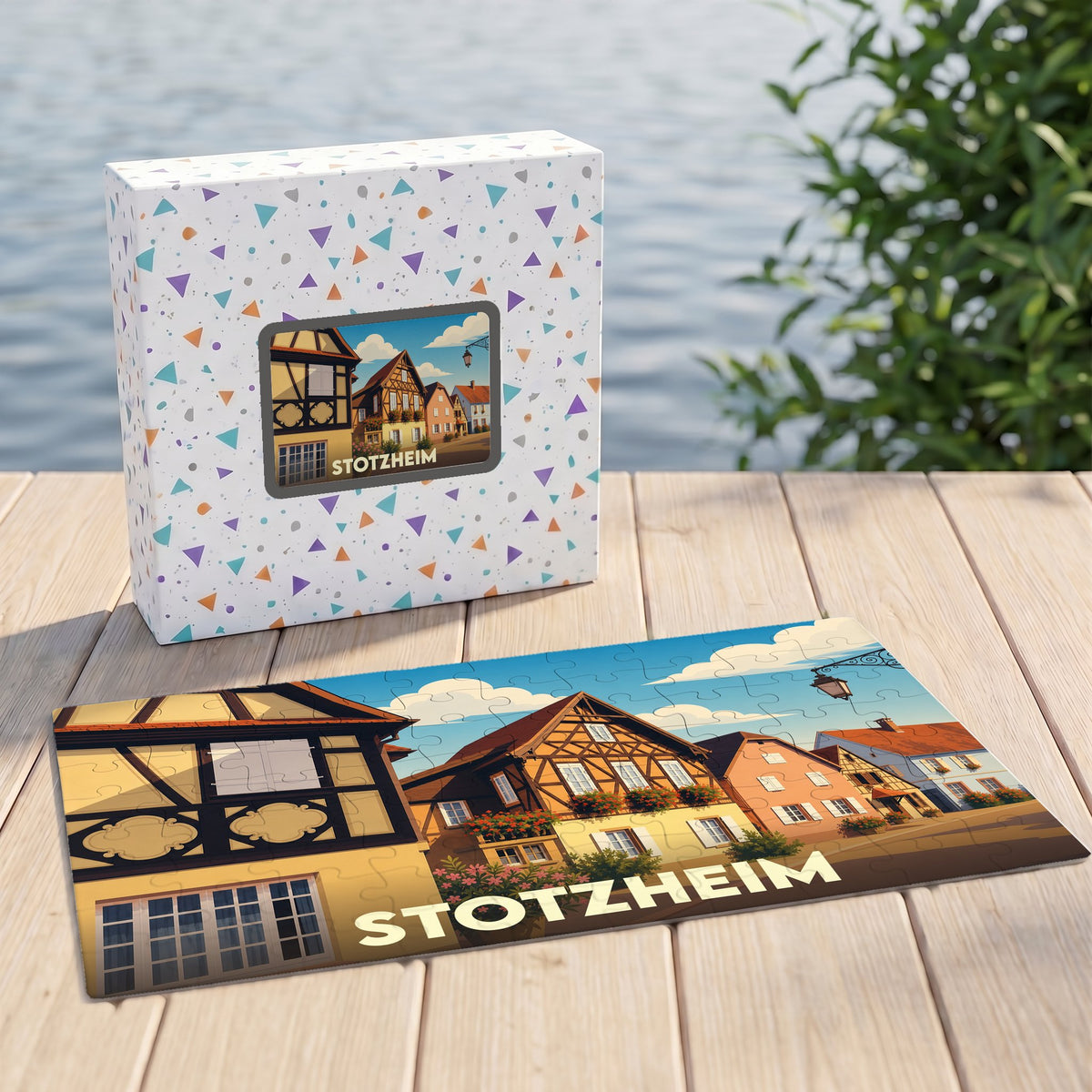 Puzzle souvenir de la ville de Stotzheim avec une illustration stylisée de maisons à colombages.
