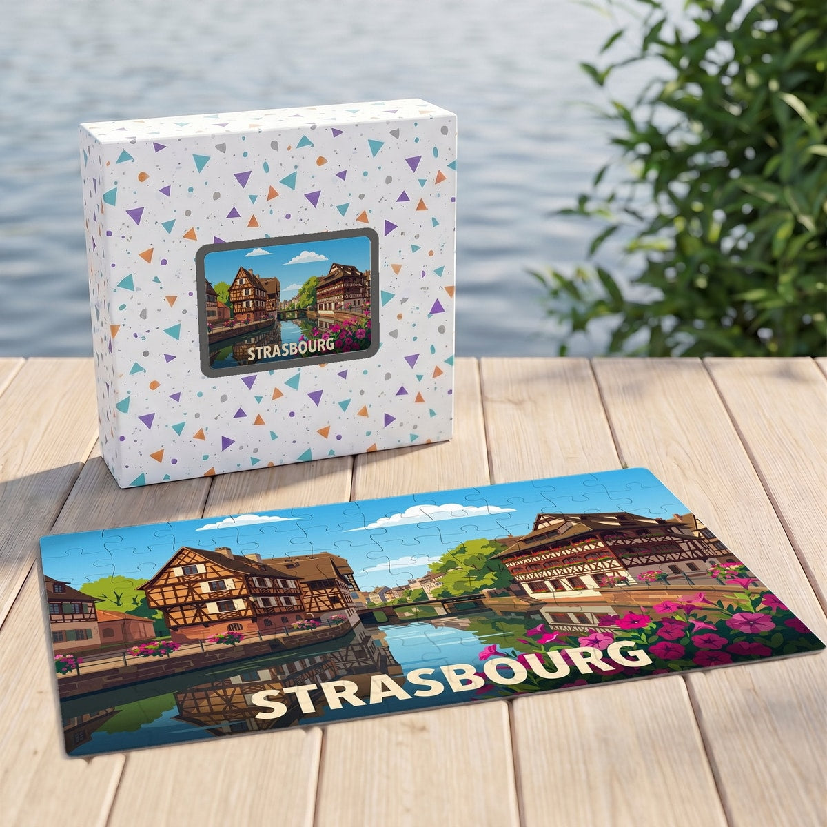 Puzzle souvenir de la ville de Strasbourg avec une illustration colorée de ses maisons à colombages.