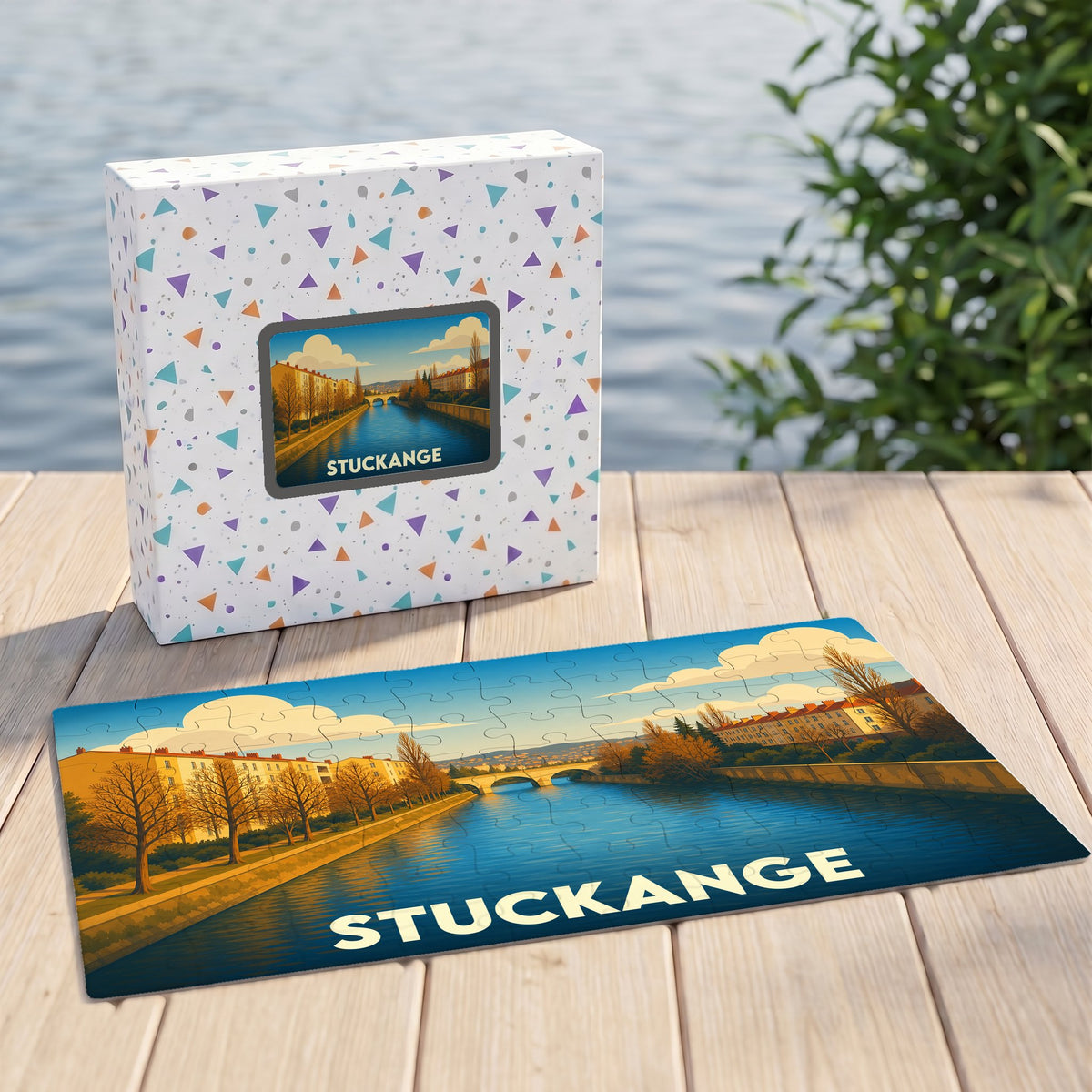 Puzzle souvenir de la ville de Stuckange avec une illustration stylisée d'un paysage urbain au bord de l'eau.