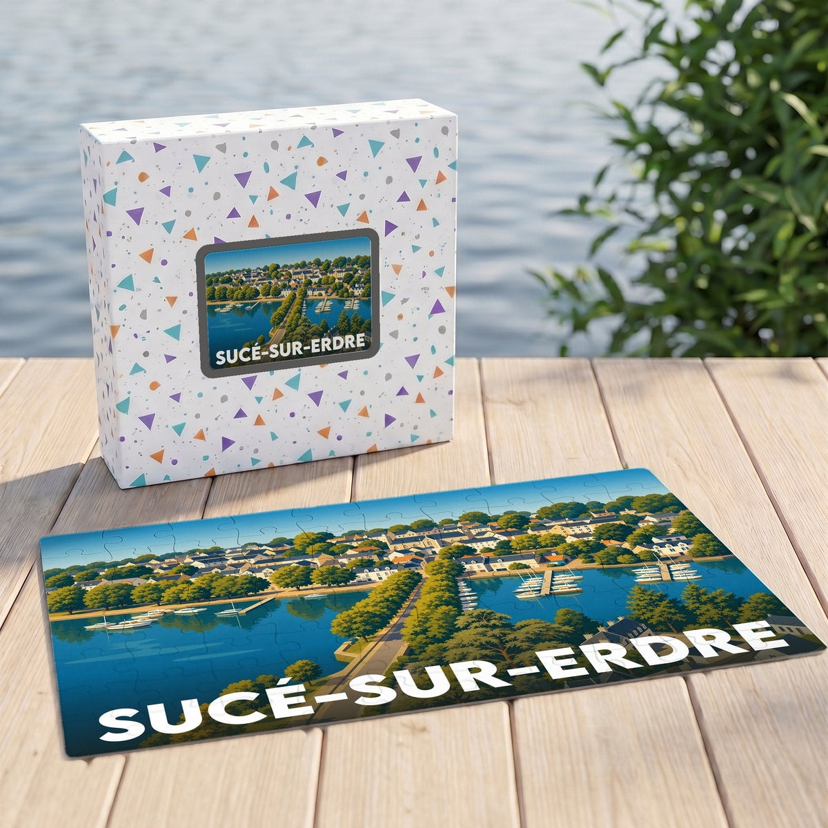 Puzzle souvenir de la ville de Sucé-sur-Erdre avec une illustration stylisée de son port et de ses bords de l'Erdre.