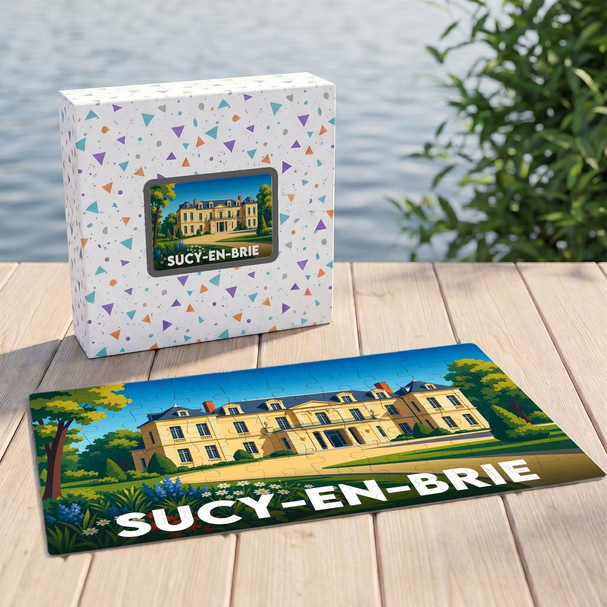 Puzzle souvenir de la ville de Sucy-en-Brie illustré par un château de style classique.