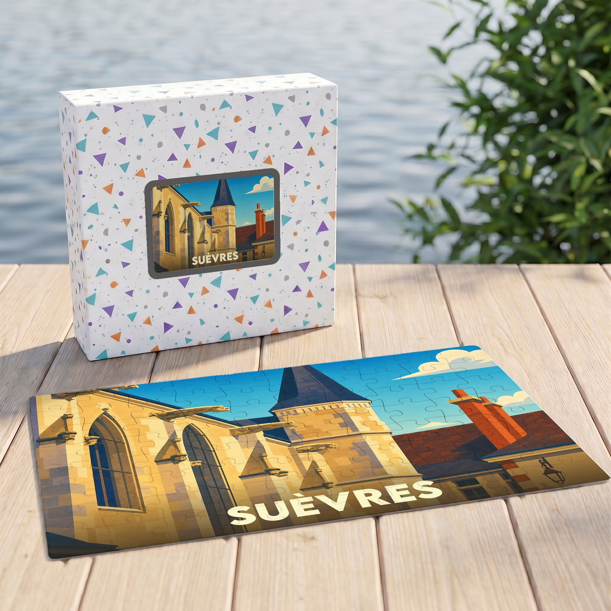 Puzzle souvenir de la ville de Suèvres avec une illustration stylisée d'un bâtiment historique.