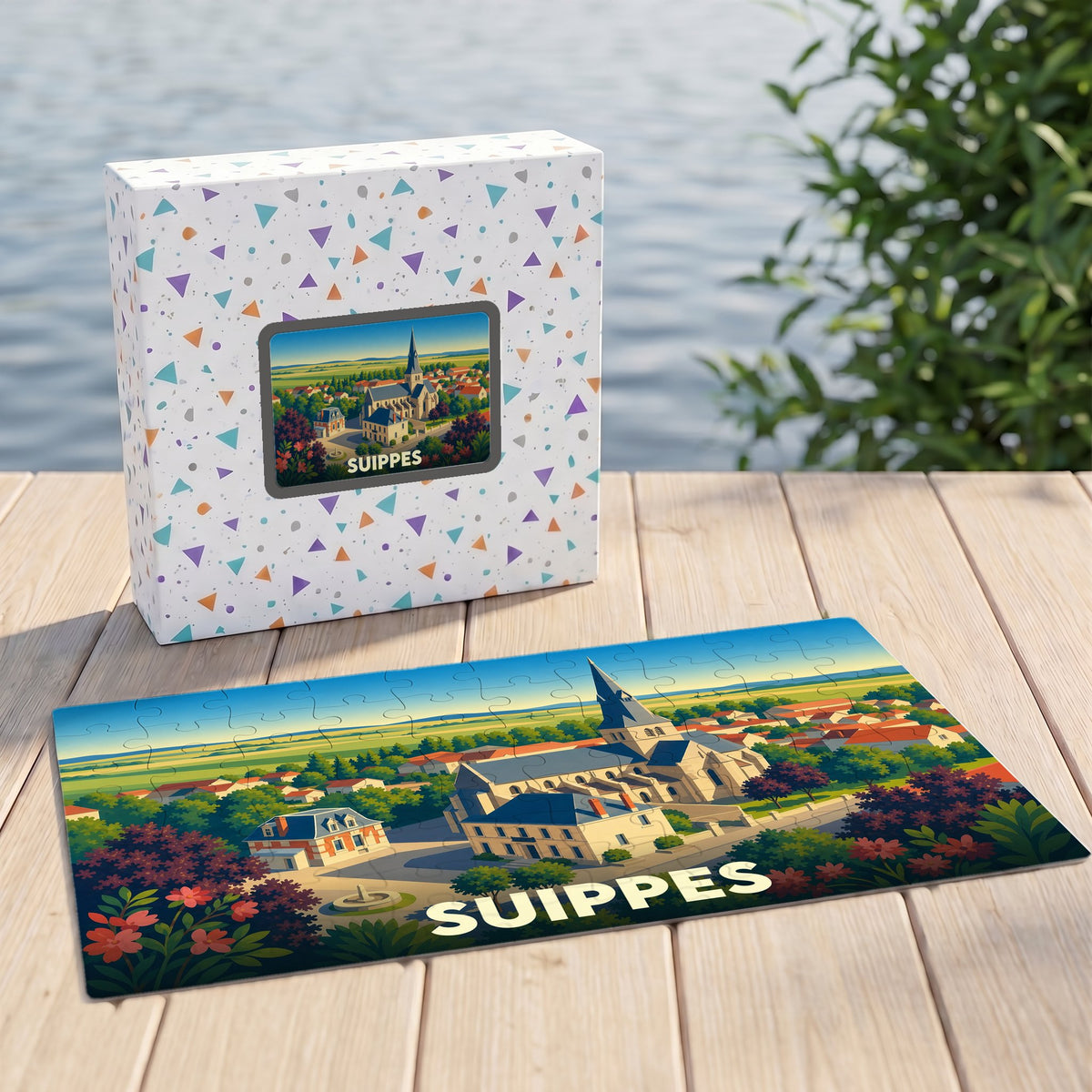 Puzzle souvenir de la ville de Suippes avec une illustration stylisée.