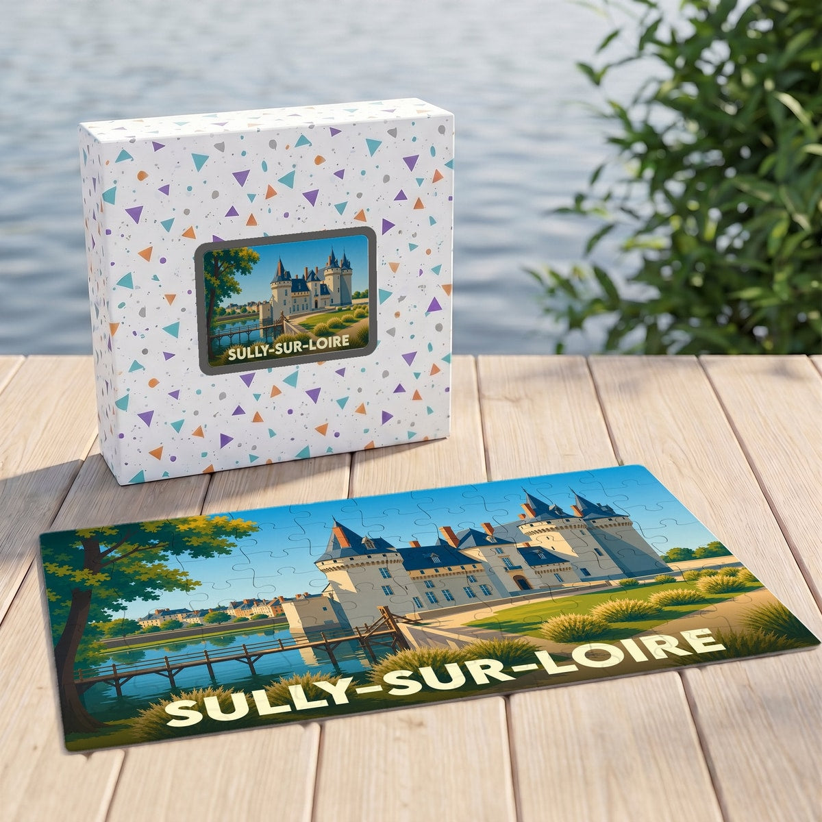 Puzzle souvenir de la ville de Sully-sur-Loire avec une illustration stylisée du château et de son pont.