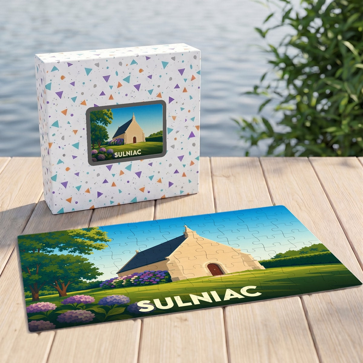 Puzzle souvenir de la ville de Sulniac avec une illustration stylisée de sa chapelle.