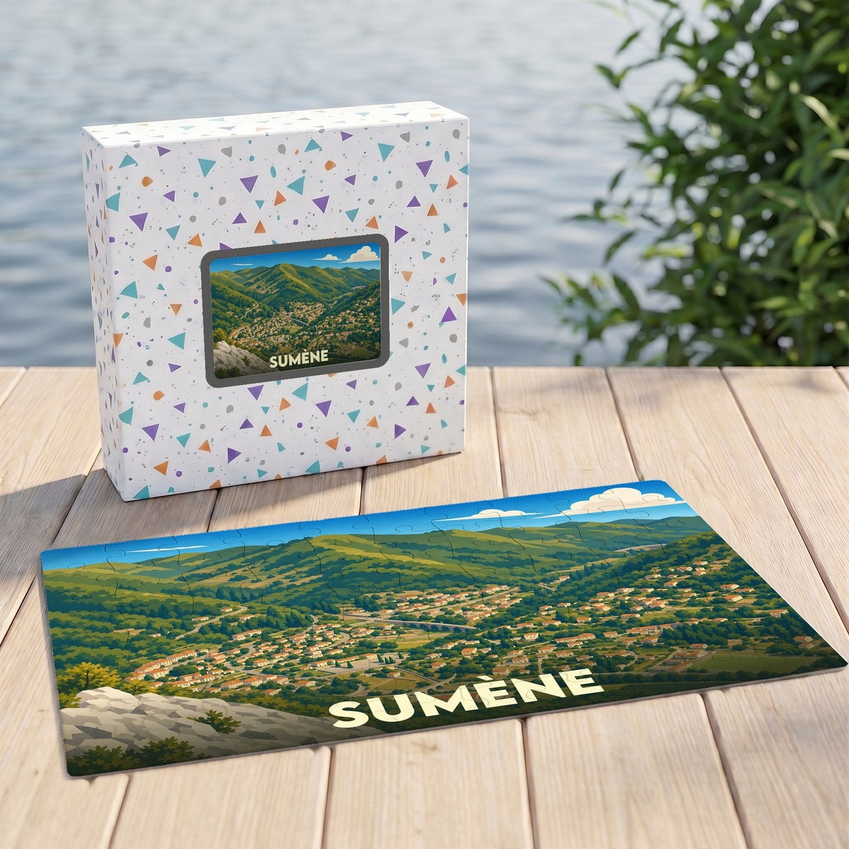Puzzle souvenir de la ville de Sumène avec une illustration panoramique stylisée de la vallée.