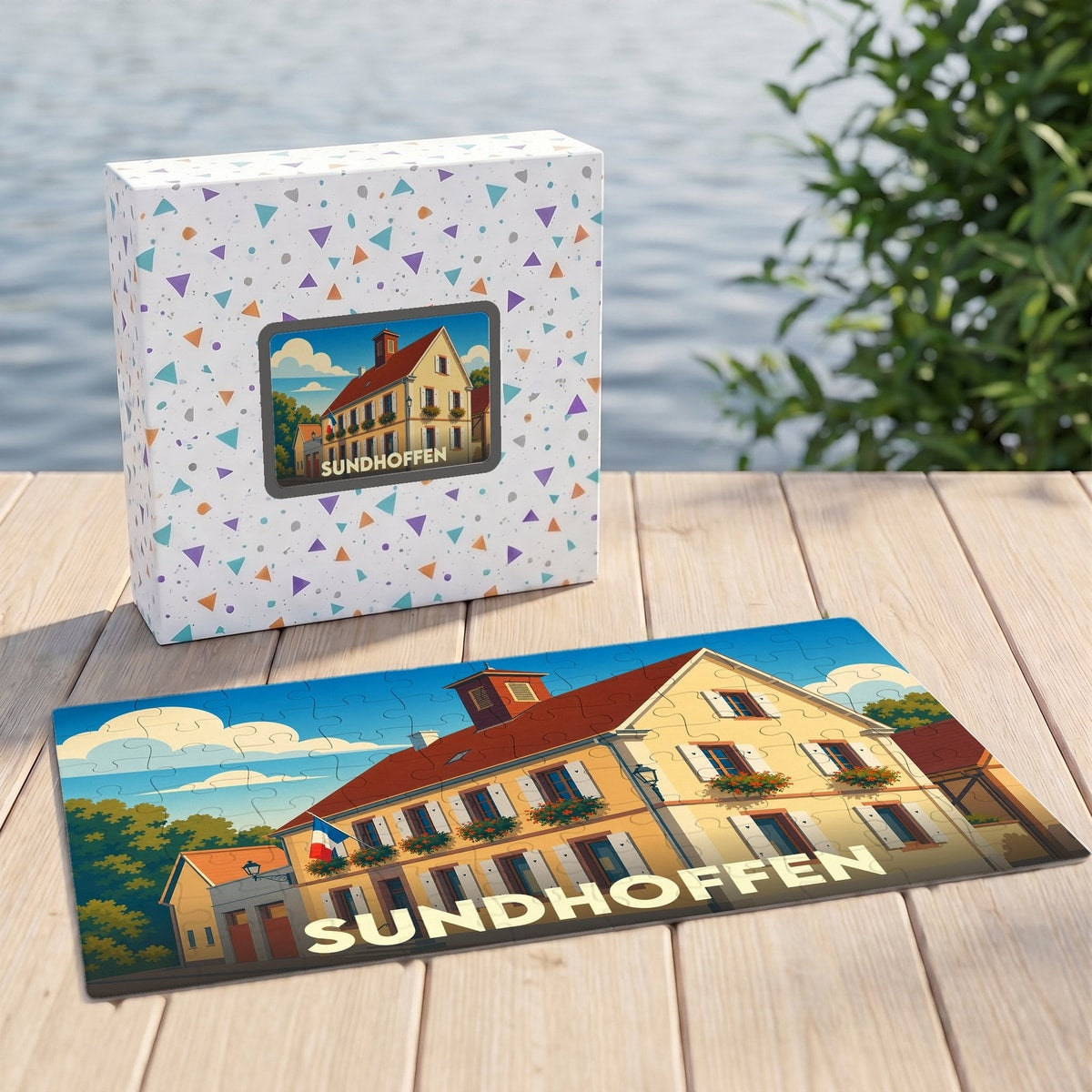 Puzzle souvenir de la ville de Sundhoffen avec une illustration stylisée d'un bâtiment traditionnel alsacien.