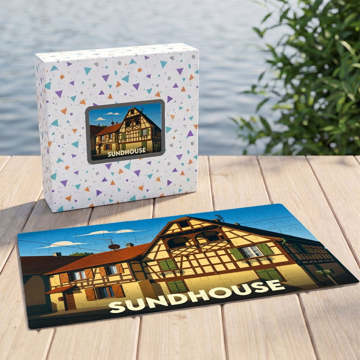 Puzzle souvenir de la ville de Sundhouse illustré d'une maison traditionnelle à colombages.